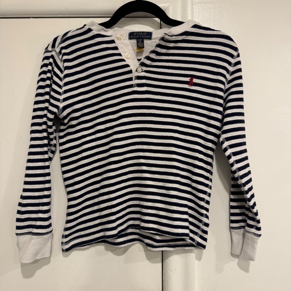 Polo Ralph Lauren Small 8 Henley Shirt Striped Navy White Waffle Knit Thermal